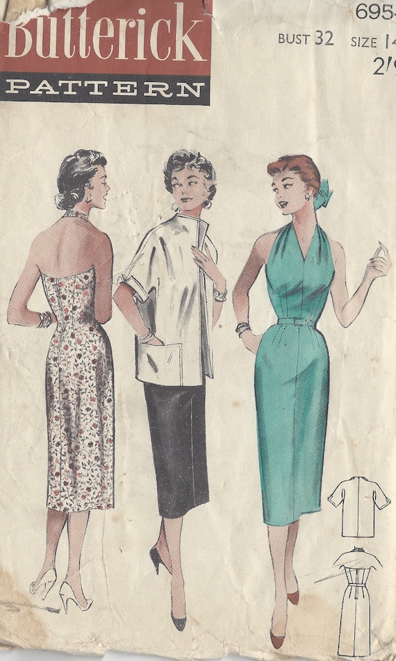 1950s Vintage Sewing Pattern B32 HALTER-NECK Dress & JACKET (1052)  Butterick 6954 - Etsy