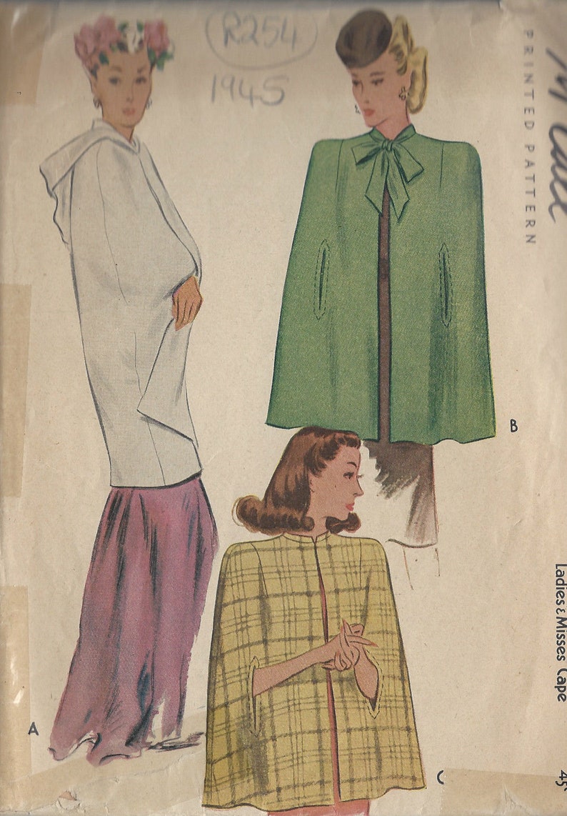Patron De Couture Vintage McCall 1945 Pour Cape Modèle B32 (R254) - Femme, Années 40, Non Découpé
