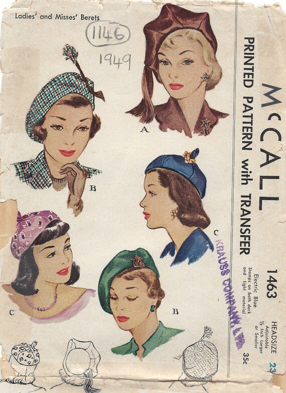 1949 Vintage Sewing Pattern HAT S23 1146 Mccall 1463 - Etsy