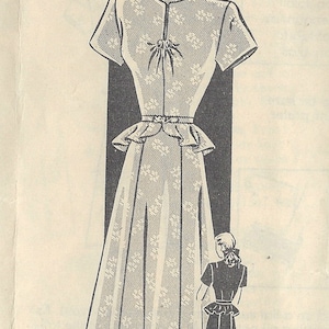 May include: Illustration of a vintage dress pattern, featuring a short-sleeved dress with a floral pattern, a fitted waist, and a flared skirt. The number "1733" is visible in the upper left corner. A smaller illustration of the dress is also shown.