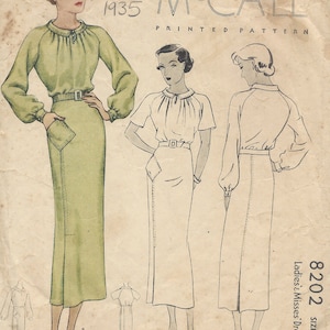 Könnte beinhalten: Ein Vintage-Schnittmuster von McCall's für ein Kleid, Größe 16, mit Anleitungen für ein Damen- oder Mädchenkleid. Die Schnittmuster-Nummer ist 1481 und das Jahr ist 1935. Das Schnittmuster zeigt drei verschiedene Ansichten des Kleides.
