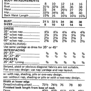 May include: A sewing pattern for a dress with a fitted bodice, short sleeves, and a full skirt. The pattern includes instructions for sizes 8 to 16, and measurements for bust, waist, hip, and back waist length. The pattern also includes instructions for interfacing, pockets, and lining.