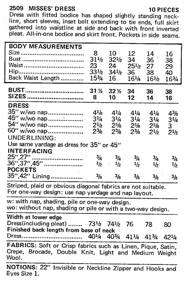 May include: A sewing pattern for a dress with a fitted bodice, short sleeves, and a full skirt. The pattern includes instructions for sizes 8 to 16, and measurements for bust, waist, hip, and back waist length. The pattern also includes instructions for interfacing, pockets, and lining.
