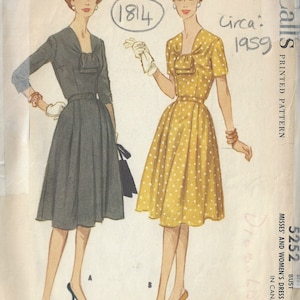 May include: Vintage sewing pattern for a dress, circa 1959. The pattern shows two women wearing dresses with different patterns, one with a solid color and the other with polka dots. The pattern number is 5252 and the bust size is 38.
