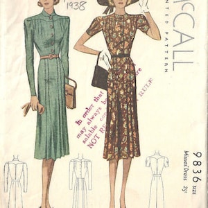 May include: Vintage McCall's sewing pattern for a dress, featuring two illustrations of women wearing dresses. The pattern number is 9836 and the year is 1938.