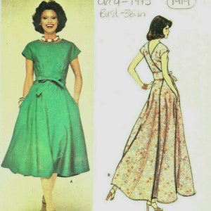 May include: Vintage sewing pattern for a dress with a wrap skirt. The pattern is from Vogue Paris Original and is for a size 36 bust. The pattern is circa 1975 and has a floral print.