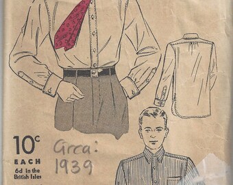 1939 Vintage Sewing Pattern Size 15 1/2" (Chest: 40") Mens Shirt (1779) By Du Barry 2349B