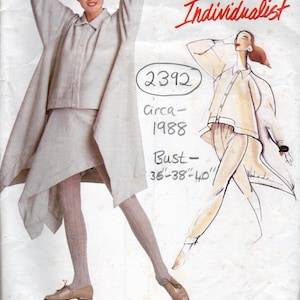 May include: Vintage Vogue Patterns Individualist sewing pattern featuring a light-coloured ensemble. The pattern includes a jacket, skirt, and shirt. The bust measurements are 91-97-102 cm. The pattern is from 1988, designed by Issey Miyake.