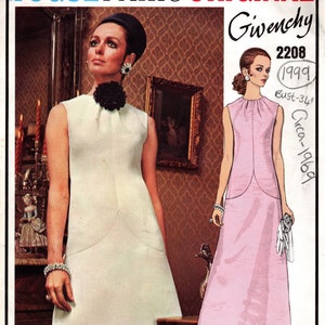 May include: A vintage sewing pattern for a dress by Givenchy, design number 2208, circa 1969. The pattern is for a sleeveless dress with a scoop neck and a fitted bodice. The dress has a full skirt that falls to the floor. The pattern is printed on white paper with black text and illustrations.