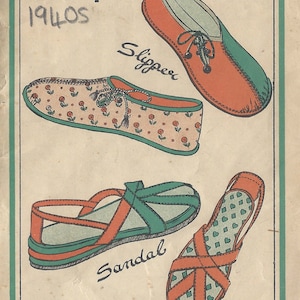 May include: A vintage craft pattern for making a slipper and a sandal. The pattern includes instructions and illustrations of the shoes. The text on the pattern reads "Style 19405 R967 4633 11/4 INCLUDING PURCHASE TAX. SIZE 4" and "This slipper and sandal can be made from scraps of material, felt, leather or suede."