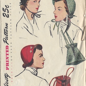 Könnte beinhalten: Ein Vintage-Schnittmuster von Simplicity für einen Hut. Das Schnittmuster ist für einen Damenhut und umfasst drei verschiedene Stile. Das Schnittmuster ist auf weißem Papier mit schwarzem Text und Illustrationen gedruckt. Die Schnittmuster-Nummer ist 2963 und das Datum ist 1949.