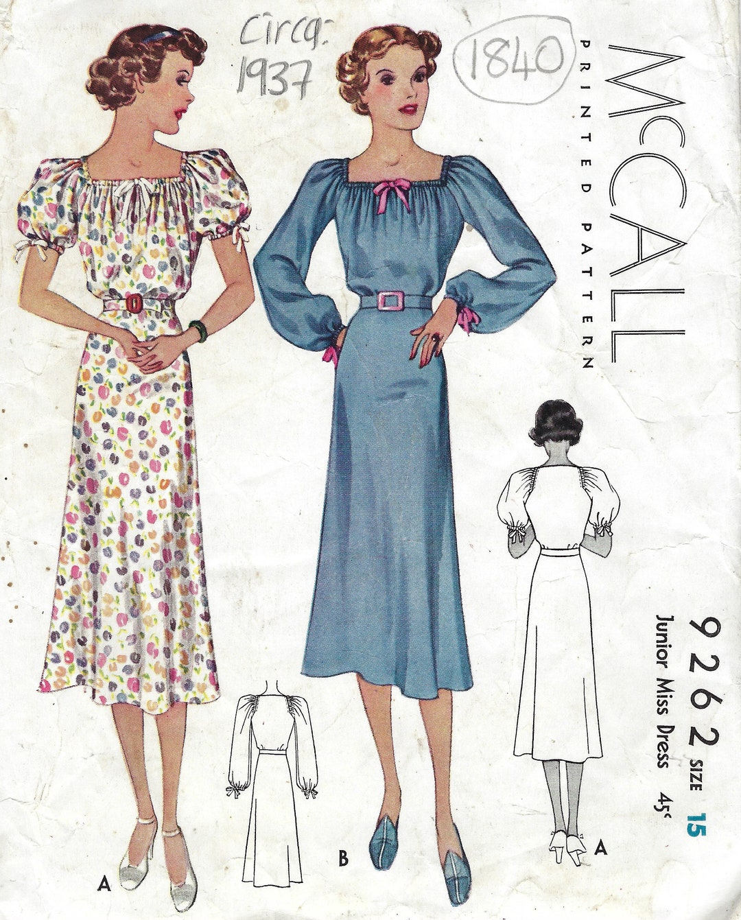 1937 Vintage Sewing Pattern B33″ DRESS (1840) Mccall 9262 - Etsy