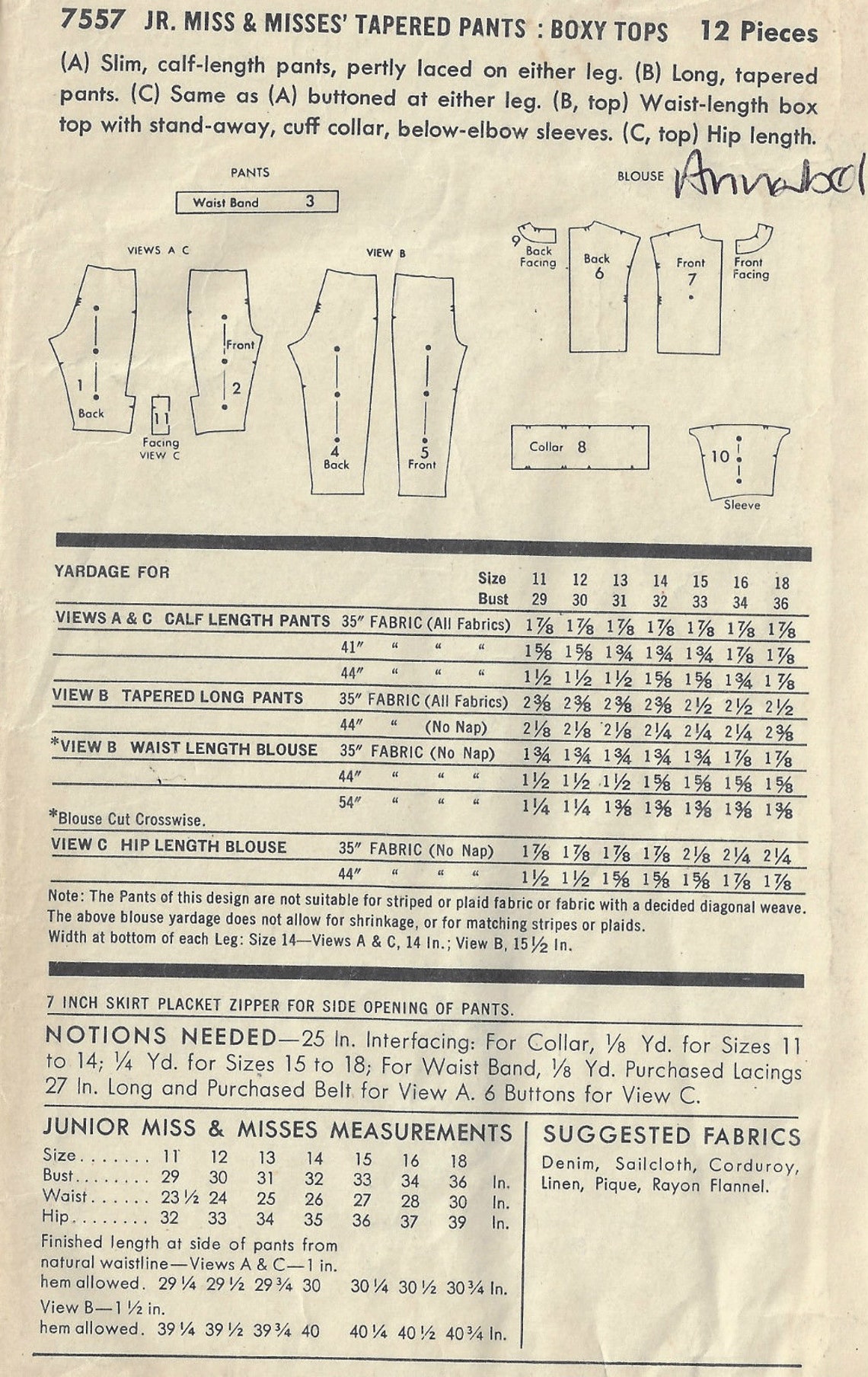 Patron De Couture Vintage Simplicity Années 1940 – Chemisier, Pantalon, Salopette