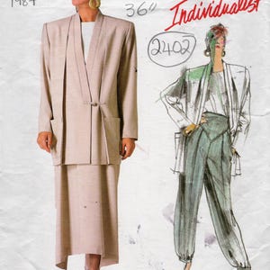 May include: A vintage Vogue Patterns sewing pattern from 1987, featuring a beige suit and a fashion illustration of a woman in a white jacket and green trousers. The pattern is labelled "Individualist". The bust size is 36 inches.