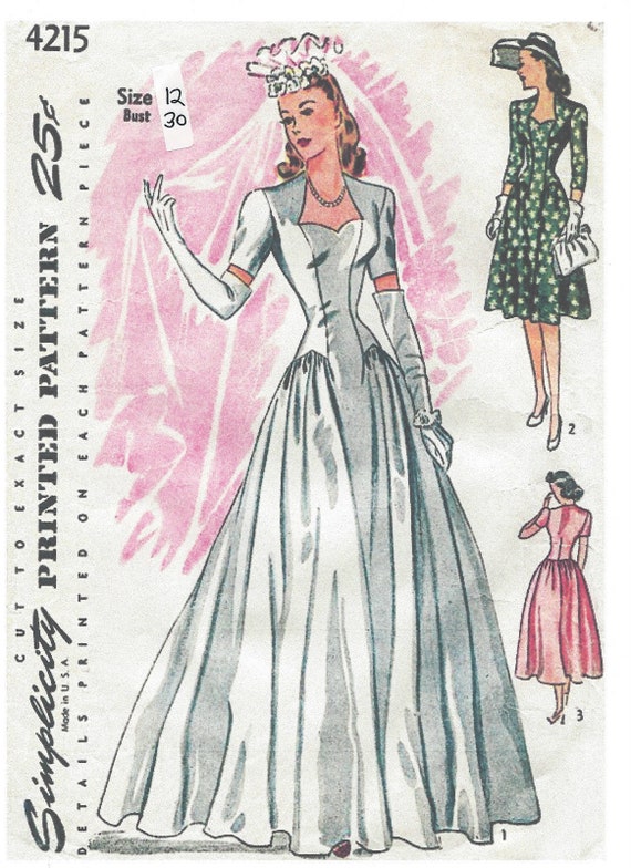 1940s Vintage Sewing Pattern B30 DRESS & WEDDING DRESS (103