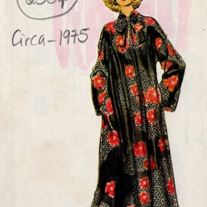 May include: A vintage sewing pattern for a long, black dress with red floral print. The pattern number is 2364 and the size is 16, bust 97cm. The pattern is from Very Easy Vogue Patterns.