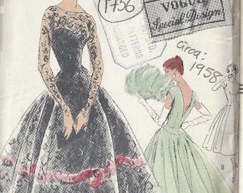 May include: A vintage Vogue sewing pattern for a dress, featuring two different styles. The pattern number is S-4738-6/- and the size is 14, with a bust measurement of 34 inches and hips of 36 inches. The pattern is labeled "Vogue Special Design" and is dated circa 1958.