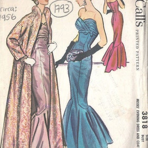 Patron de couture vintage 1956 B34 ROBE DE SOIRÉE & MANTEAU (1793) McCall's 3818