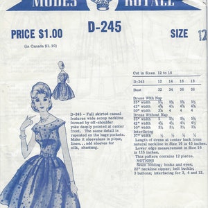 May include: A vintage sewing pattern for a full-skirted casual dress with a wide scoop neckline. The pattern is for sizes 12 to 18 and includes instructions for making the dress with or without nap. The pattern also includes instructions for interfacing and notions.