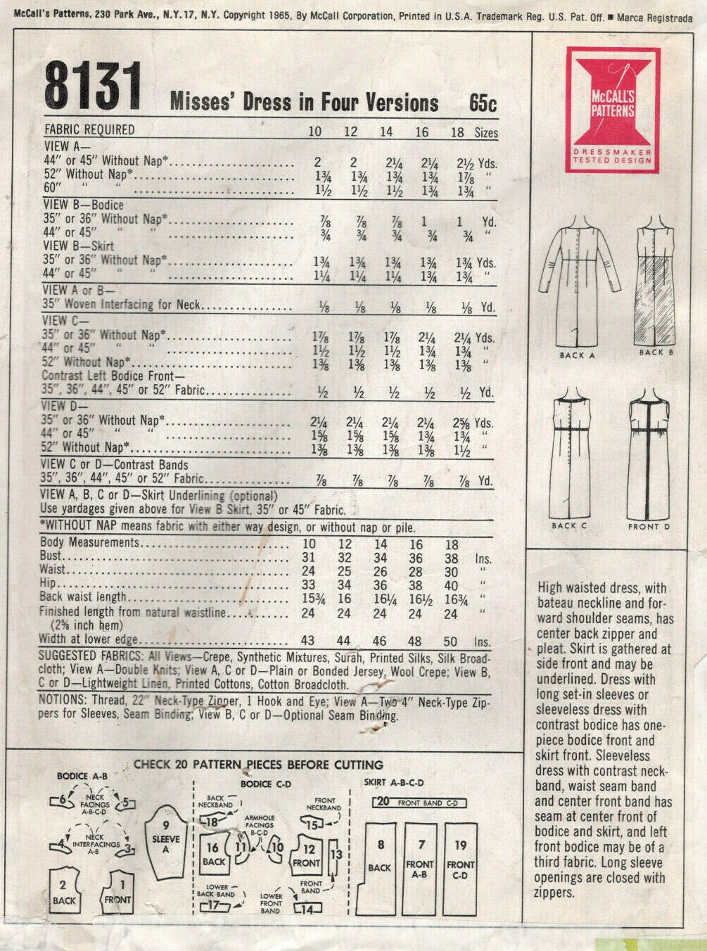 Patron De Couture Vintage McCalls 1965 - Robe Style Mondrian (B34) - Taille Complète, Pièces Non Découpées - Neuf