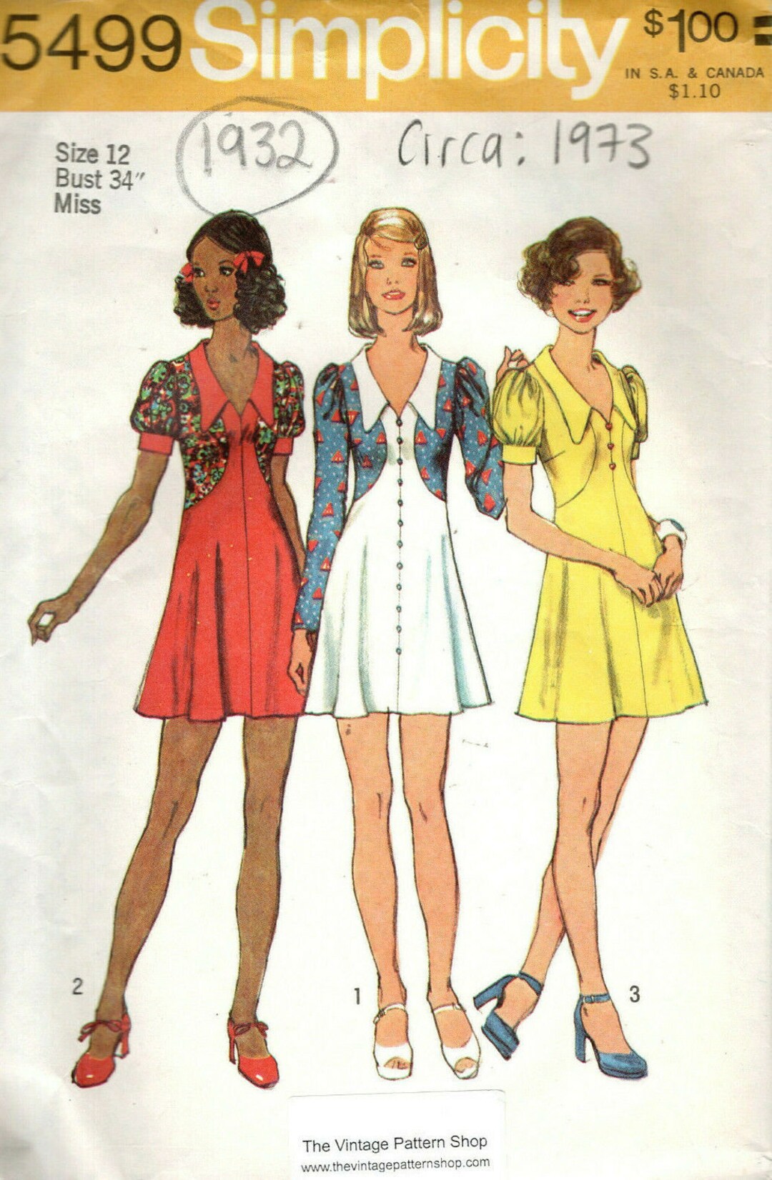 Patron De Couture Vintage Simplicity 5499 - Robe Années 70 Motif B34 - Échelle Complète Non Découpée