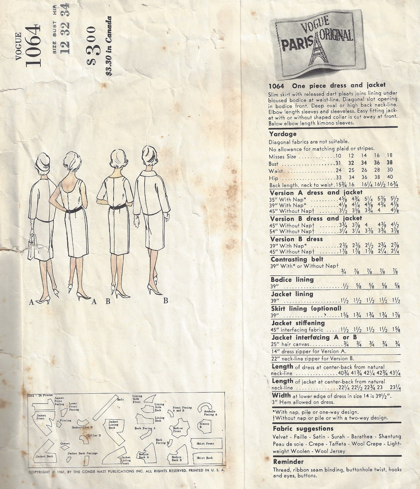 魅力の Vintage 1961 VOGUE Jaacket(1771 & Dress B32 Pattern Sewing 女性情報誌