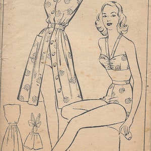May include: Vintage sewing pattern for a dress and swimsuit with a shell print. The pattern is for size 34. The dress has a button-up front and a skirt with pleats. The swimsuit has a halter top and high-waisted bottoms.