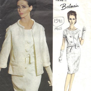 May include: A vintage Vogue Paris Original sewing pattern for a white dress and jacket by Balmain. The pattern number is 1391 and the year is 1960s.