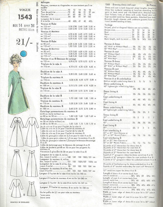 1965 Vintage VOGUE Sewing Pattern B34 EVENING DRESS & Coat