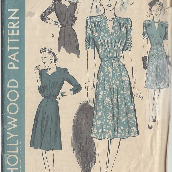 1943 WW2 Vintage Sewing Pattern B38in DRESS (1077) By Hollywood Patterns 1079