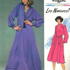 May include: A sewing pattern for a long, purple dress with a V-neck and long sleeves. The pattern is from Very Easy Vogue and is designed by Leo Narducci. The pattern number is 1388.