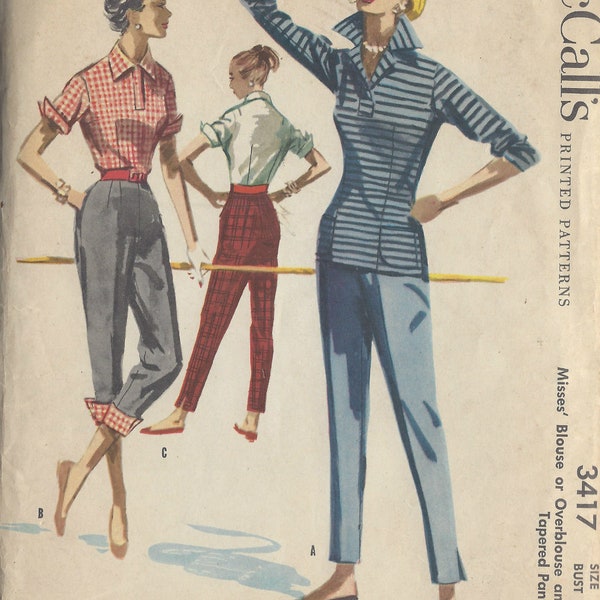 1955 Vintage Sewing Pattern Bust 34″- Waist 28″ BLOUSE, OVERBLOUSE & PANTS (1005) By McCalls 3417