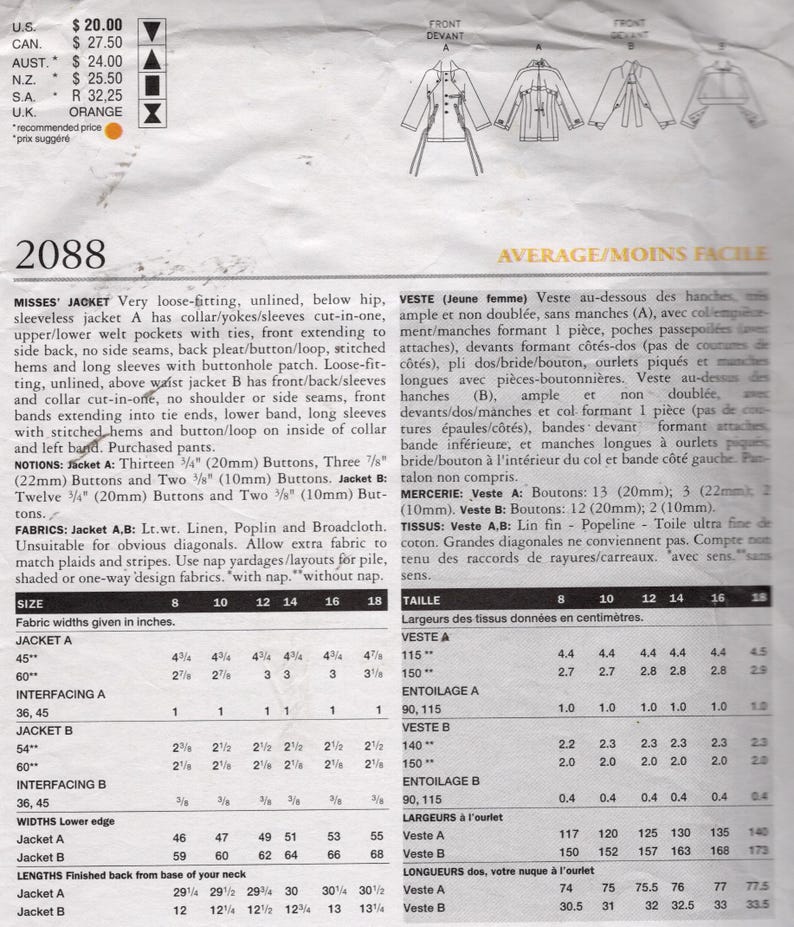 1998 Vintage VOGUE Sewing Pattern 40in Jacket (2286) by Issey Miyake ...