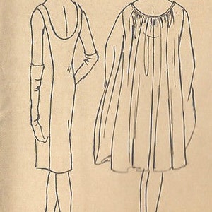 May include: Line drawing illustration of two women wearing dresses. The woman on the left is wearing a sleeveless dress with a scoop neck. The woman on the right is wearing a dress with a gathered neckline and long sleeves.