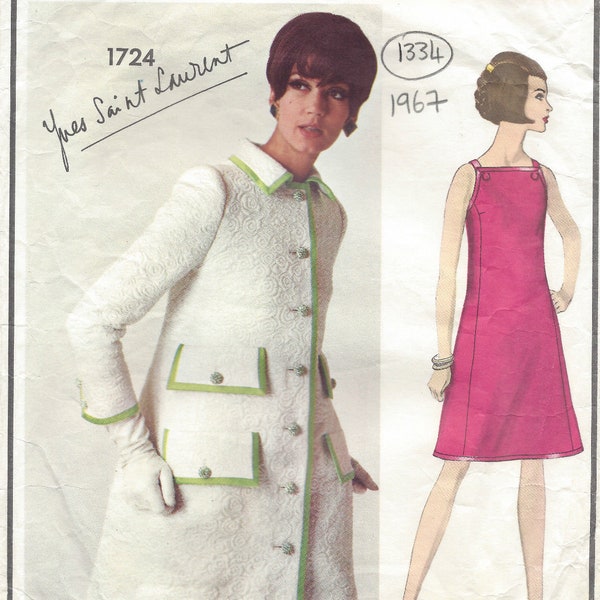 1967 Vintage VOGUE Sewing Pattern B36 DRESS & COAT (1334) By Yves Saint Laurent Vogue 1724
