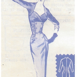 May include: A vintage illustration of a woman wearing a fitted, blue dress with a double-breasted button closure and a cinched waist. The dress has a V-neckline and long sleeves. The illustration is in a blue and white color scheme.