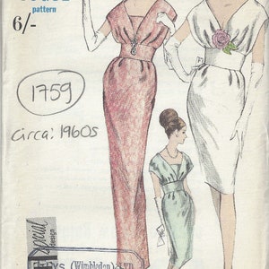 May include: Vintage Vogue sewing pattern number 1759, circa 1960s, for a dress with a fitted bodice and a skirt that falls to the knees. The pattern is for size 14, bust 34 inches (86 cm).