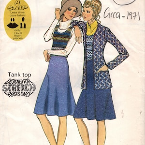Könnte beinhalten: Vintage-Schnittmuster für ein Tanktop und einen Rock. Das Schnittmuster ist nur für dehnbare Strickwaren geeignet und für einen Brustumfang von 76 cm konzipiert. Das Schnittmuster stammt aus dem Jahr 1971 und heißt "Style 1948".