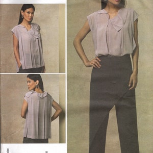 May include: A Vogue pattern featuring an Issey Miyake design. The image shows a woman wearing a light purple top with pleats and dark gray pants. The pattern number is V1142, and the size range is 14-16-18-20.