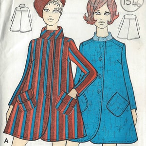 May include: A vintage sewing pattern for a 1960's style dress. The pattern includes two styles: a striped dress with a collar and pockets, and a solid blue dress with a collar and pockets. The pattern is for sizes 14 and 36 bust.
