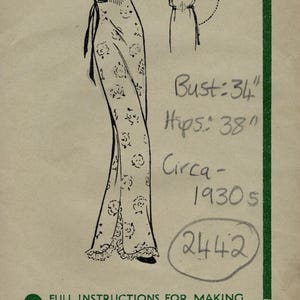May include: Vintage Weldon's pattern from the 1930s, featuring a floral print dress design. The illustration shows a woman in a long dress with a belt. Bust 34 inches, hips 38 inches. Includes instructions.