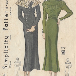 May include: Vintage Simplicity Pattern 1567, size 34, showcasing two long dresses. One is dark grey with a patterned collar, the other is olive green with a fringed neckline. The pattern is from New York.