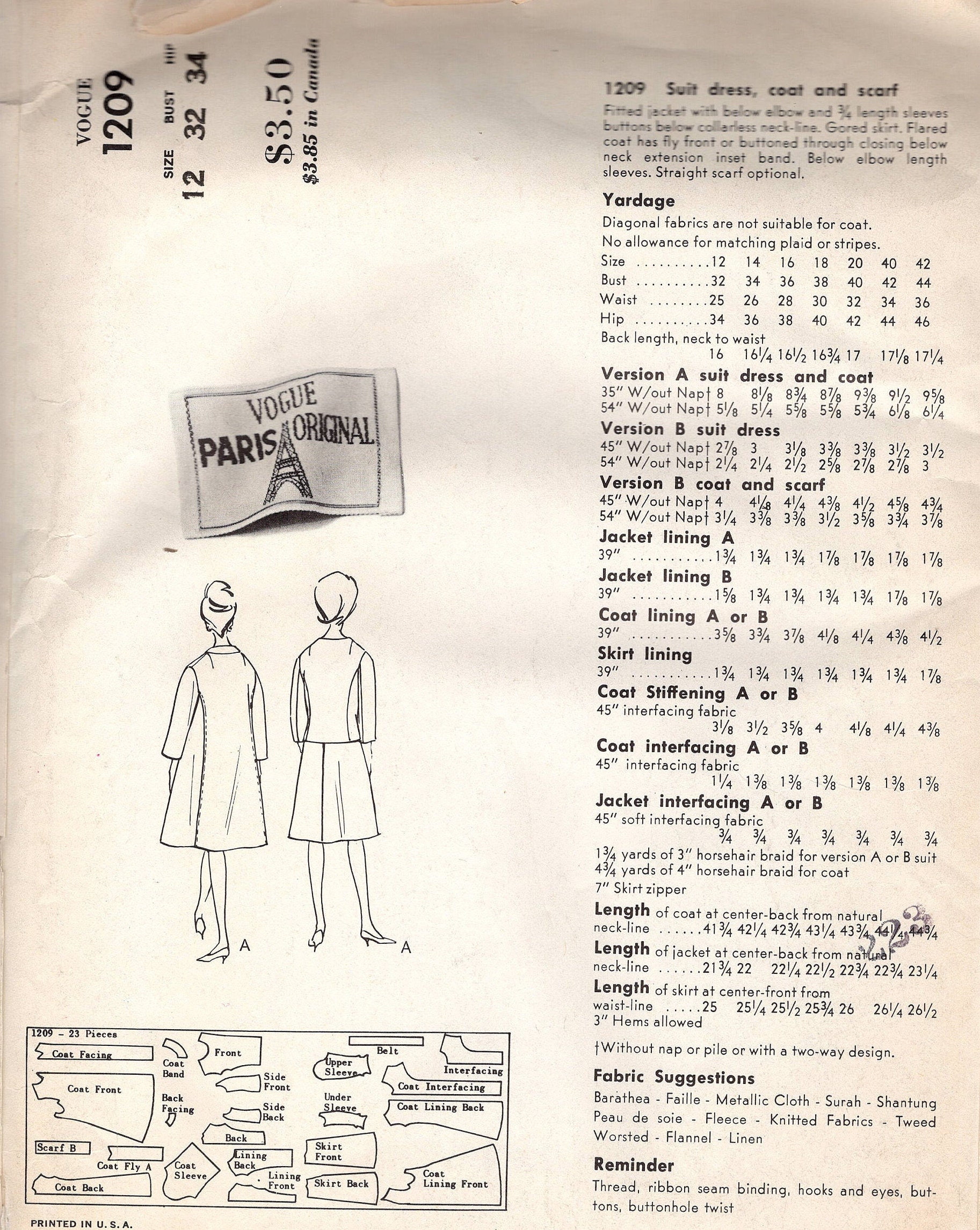 Patron De Couture Vogue 1963 - Costume & Chemisier Lanvin Castillo - Taille B32 - Neuf