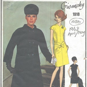 Puede incluir: Un patrón de costura vintage que presenta un diseño de vestido negro y amarillo de Givenchy. El patrón es de abril/mayo de 1968 y tiene el número 1918.