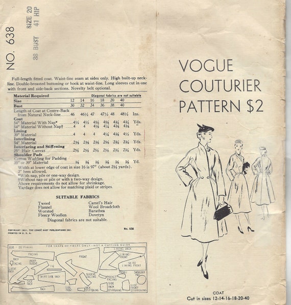 1951 Vintage VOGUE Sewing Pattern B38 Coat (1485) Vogue 638