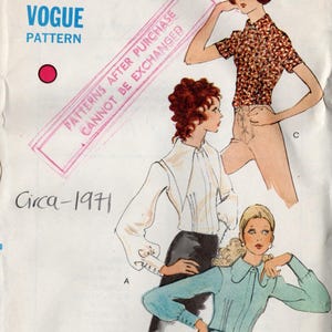May include: Vintage Vogue sewing pattern from circa 1971, featuring three women wearing different blouses. The pattern number is 2358. The pattern is for a size 14 bust 36 (91 cm).