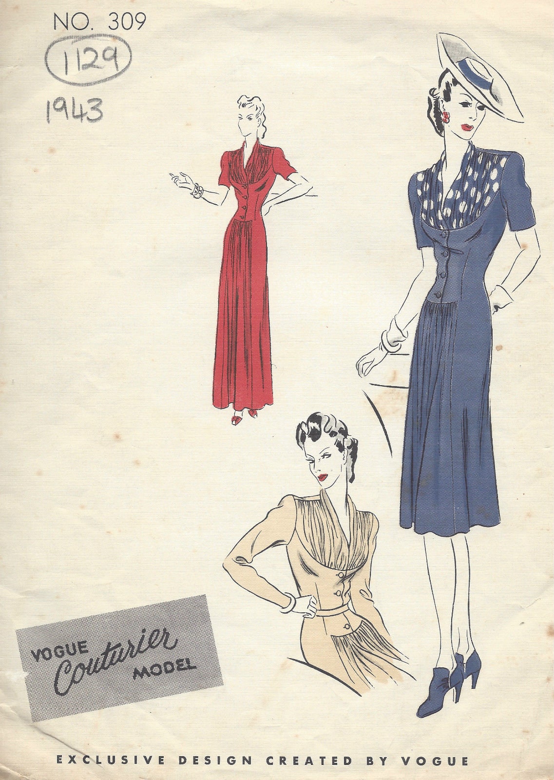 1943 WW2 Vintage VOGUE Sewing Pattern B30 DRESS (1129)  Vogue 309