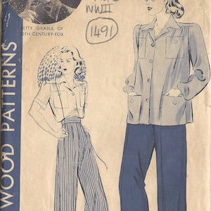 1940s WW2 Vintage Sewing Pattern W28 H38 WOMENS PANTS TROUSERS (1337)