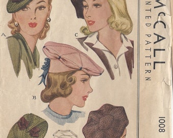1942 Vintage Sewing Pattern HAT S22″ (R131) By McCall 1008   McCall 1008