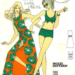 May include: A vintage sewing pattern for a dress and a two-piece swimsuit. The pattern is from the late 1960s and is called "le-roy WELDONS 9311". The dress is orange with green floral print and the swimsuit is green. The pattern is for four sizes in one.